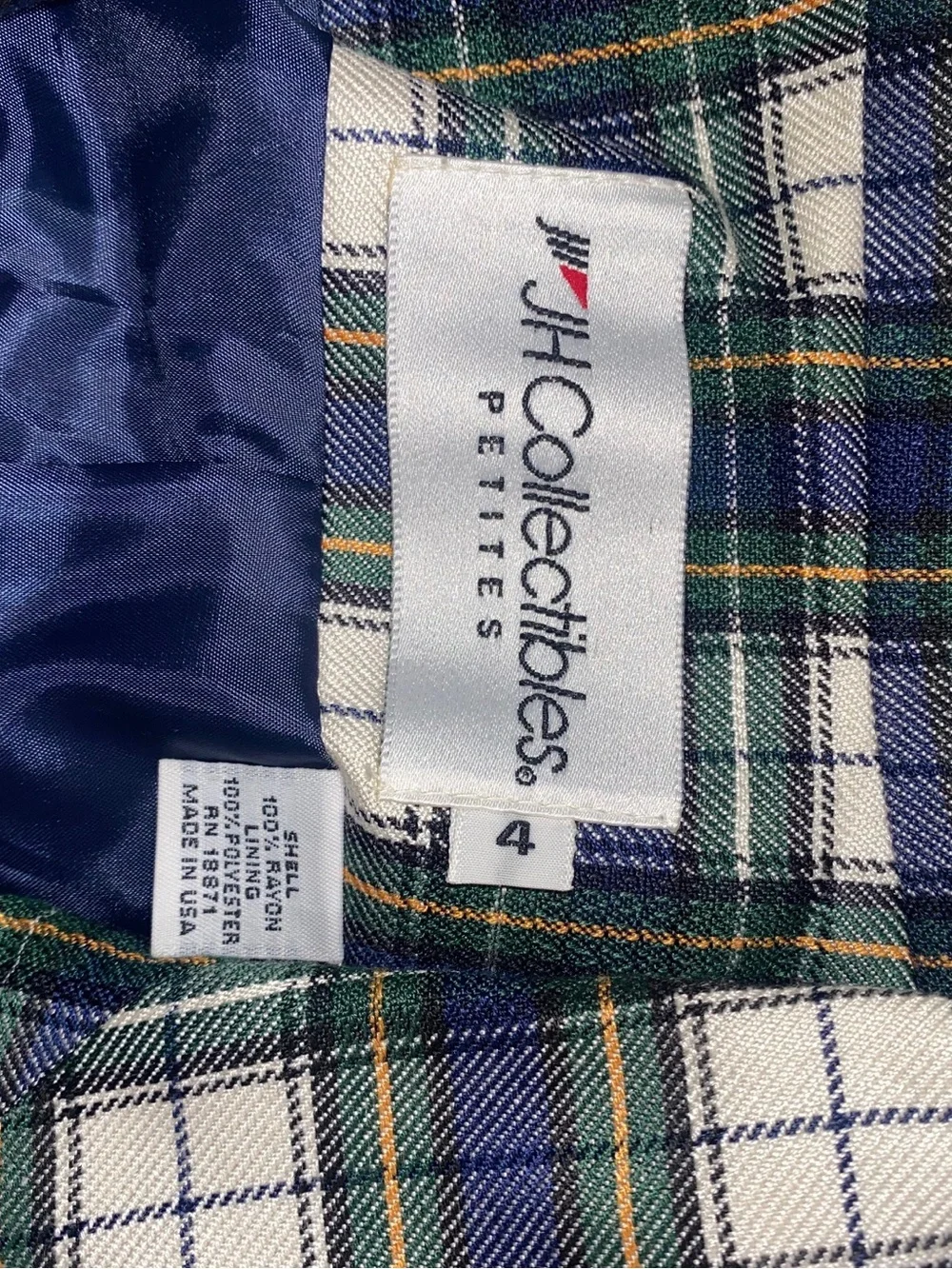 JH Collectibles Plaid Blazer Women Petite 4 Blue Green Tartan Preppy‎ Vintage